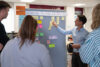 Vier Mitarbeitende stehen vor einer Pinnwand und erarbeiten eine User Journey mithilfe von Post-its.